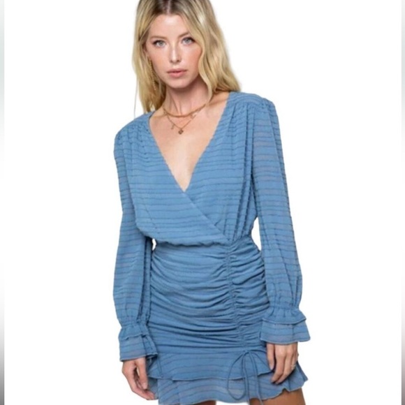 Style Rack Summer Sky Dusty Blue Long Sleeve Ruched Mini Dress Size Small - Picture 1 of 8